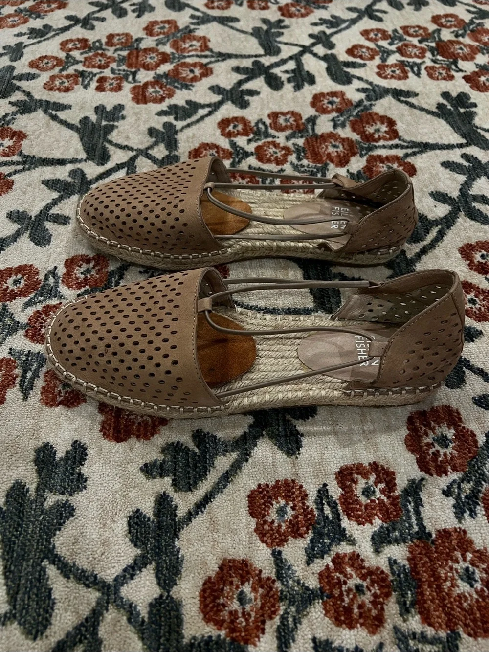 Eileen Fisher Tan Perforated Leather Espadrille Slingback Flats